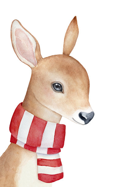 小鹿穿着暖和的条纹图案针织围巾。可爱的装饰为寒假邀请函，贺卡，横幅，印刷品，海报。素材图片