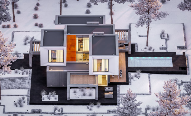 3d渲染现代舒适的房子与花园在冬季晚上图片下载