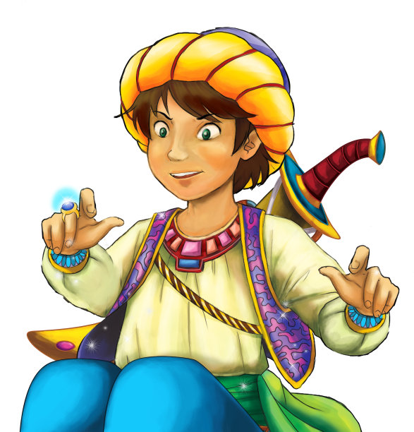 卡通场景与阿拉伯骑士或王子与剑在白色的背景图片下载