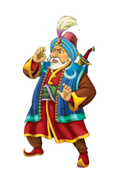 卡通场景与阿拉伯骑士或王子与剑在白色的背景图片下载