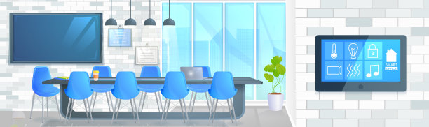 智能家庭办公横幅。带有控制屏幕的现代会议室图片下载