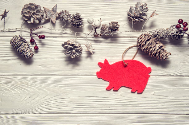 圣诞木制背景。用杉木球果和粉红猪做成的乡村风格花环——象征2019年中国新年。温暖的色调。图片下载