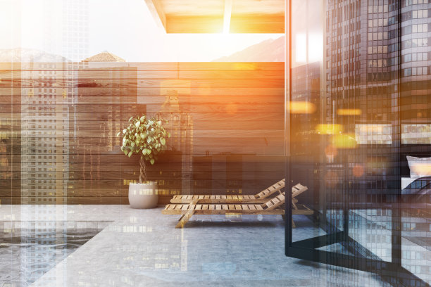 有躺椅和树的私人泳池，双人图片下载