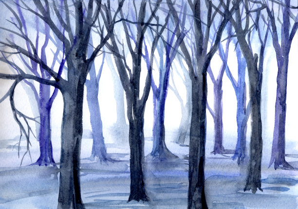 冬天的风景,水彩图片下载