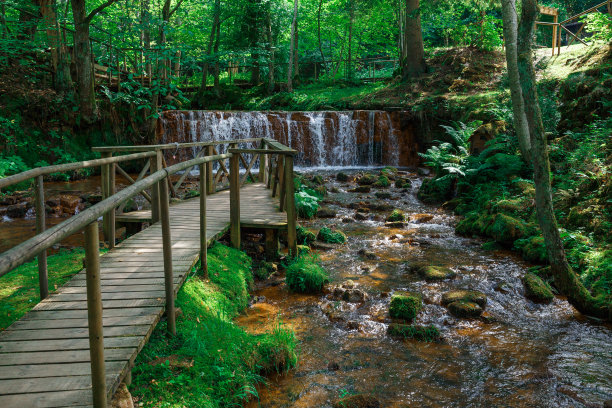 城市Ieriki,拉脱维亚。河流和瀑布，绿色的树木和草。石头和水花飞溅。2018年自然的照片。图片下载