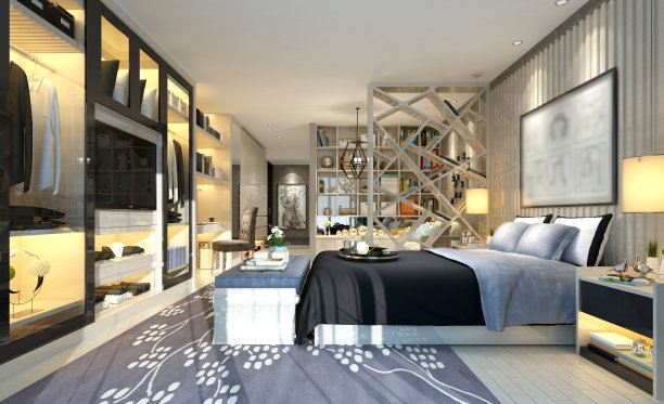 3d渲染豪华现代酒店房间内部图片下载