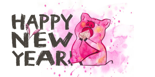 可爱的猪，创意2019年新年字。中国历法中年份的象征。水彩插图明信片水平格式。图片下载