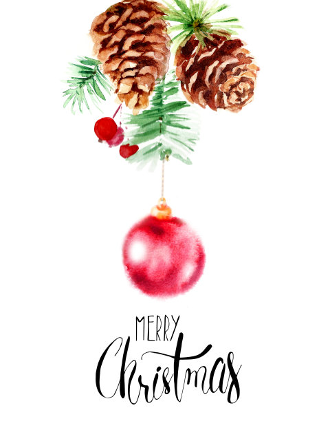 冬青浆果、松枝、松果和闪亮的大红色树球是圣诞节的装饰品。问候刻字书法。图片下载
