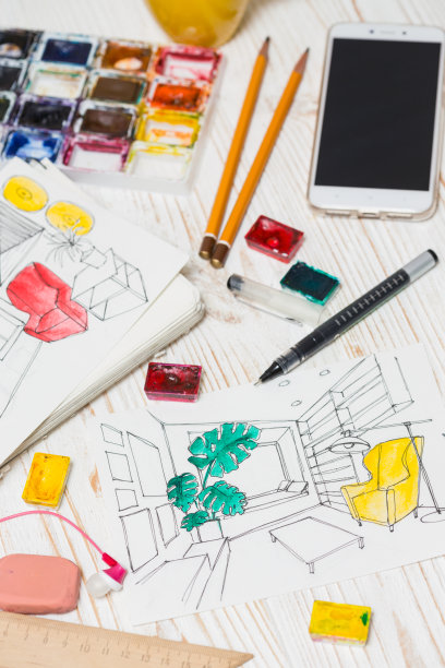 设计师画了一幅室内草图。背景-绘图，马克笔，铅笔，橡皮，尺子，计算器图片下载