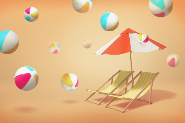 3d渲染的两个沙滩椅休息室站在伞下的黄色背景与许多充气球跳来跳去。图片下载