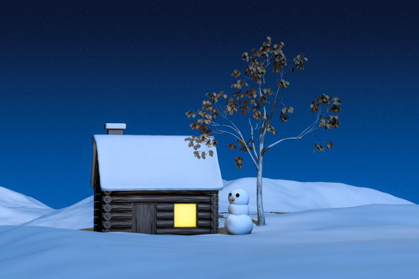 3d渲染，雪人和冬天的小屋图片下载