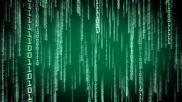 二元绿色粒子落在矩阵中。网络数字概念图片下载