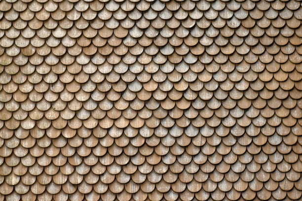 一个瑞士农场的屋顶特写，上面覆盖着圆形的木瓦图片下载