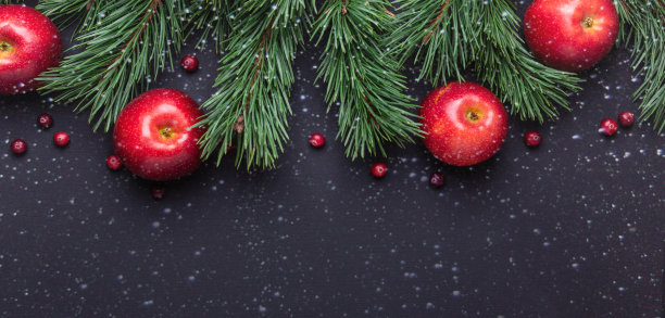 圣诞背景有树枝，红苹果和蔓越莓。黑暗的木桌上。降雪画效果图片下载