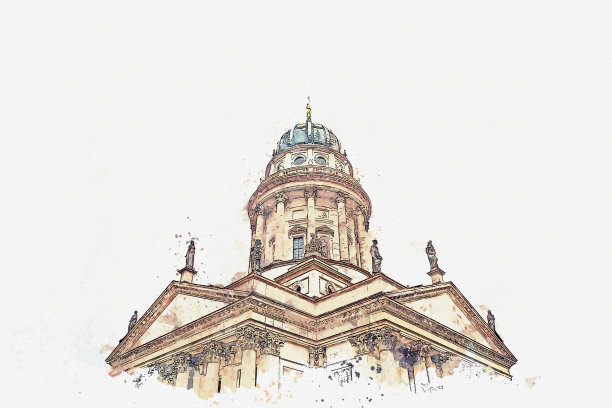 水彩素描水彩素描或插图德国柏林的法国大教堂或Franzoesischer Dom。图片下载
