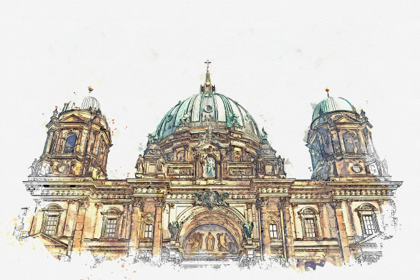 柏林大教堂的水彩素描或插图称为柏林大教堂。德国柏林。图片下载