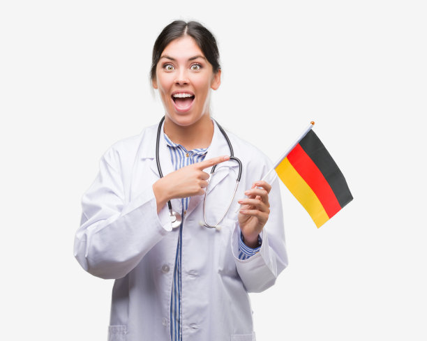 年轻的西班牙裔女医生手和手指很高兴地指着德国国旗图片下载