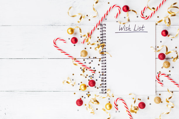 圣诞背景的金色纸屑，节日装饰和愿望清单笔记本。平的。图片下载