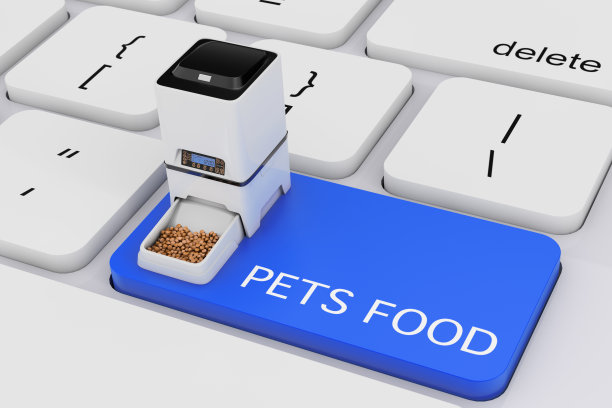 自动电子数字宠物干燥食品储存送餐机在电脑键盘上与宠物食品标志。3d渲染图片下载