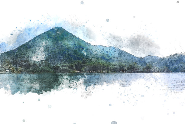 抽象的山峰和河流上的水彩画背景，数字插画笔刷艺术。图片下载