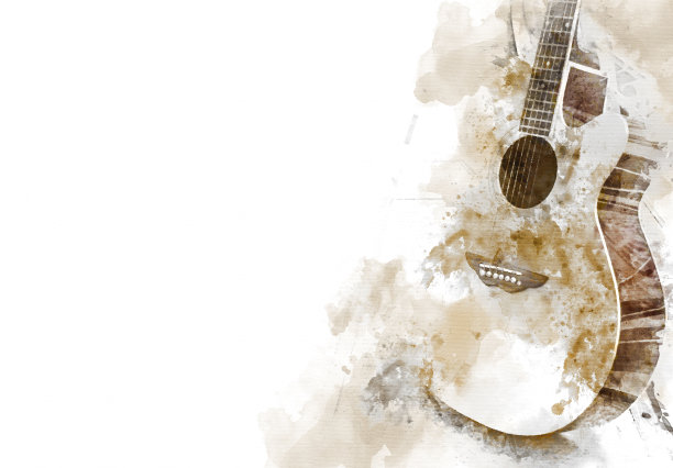 抽象美丽的吉他在前景上的水彩画背景和数字插图画笔艺术。图片下载