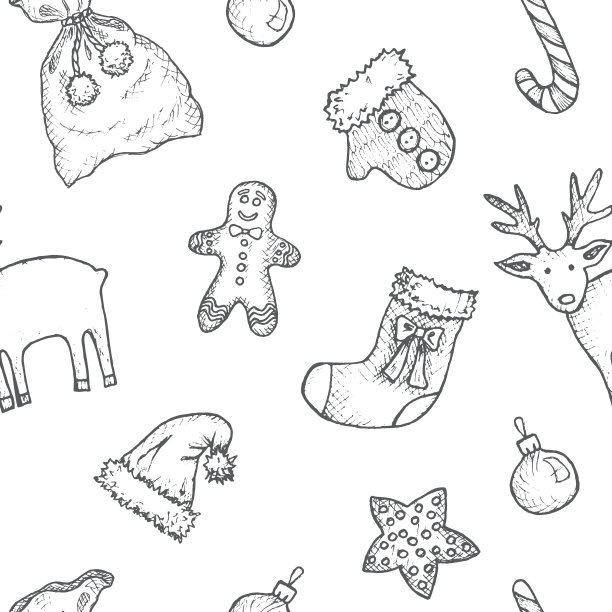 新年和圣诞节-灰色和白色无缝图案与手绘元素图片下载