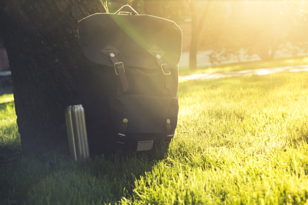 日落时分，一个装有保温瓶的复古背包站在树下的草地上图片下载