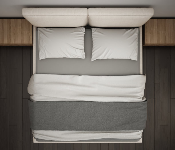 现代卧室，俯视图，双灰色和奶油色床的特写，拼花地板，现代室内设计图片下载