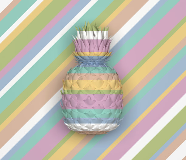 背景上的菠萝在多色水平条纹。菠萝突起，与背景混合。图片下载