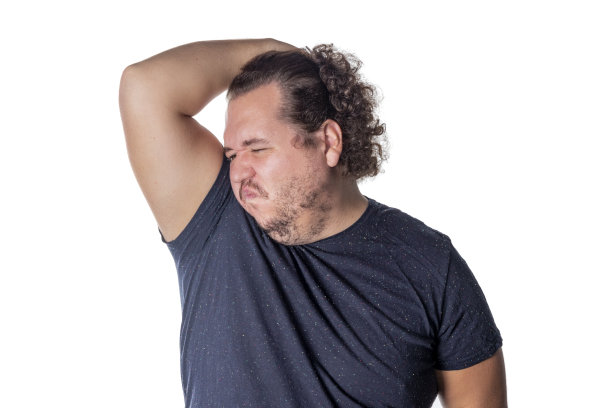 胖子捏住或捏住他的鼻子，因为有一种臭味或气味。孤立在白色背景上图片下载