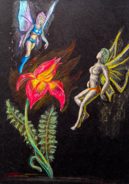 带着翅膀的童话精灵围绕着花朵飞翔图片下载