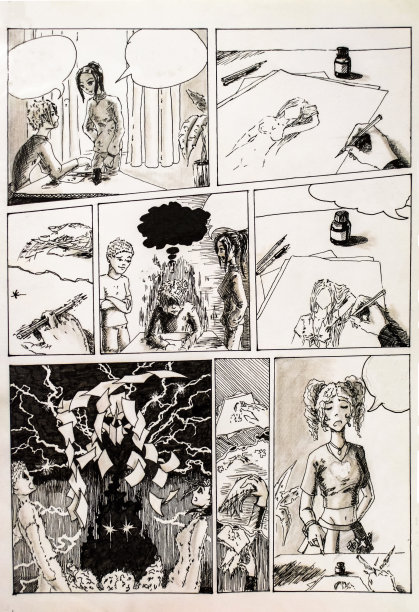 漫画，评论和批评的艺术家和他的反应。图彩笔和铅笔。图片下载