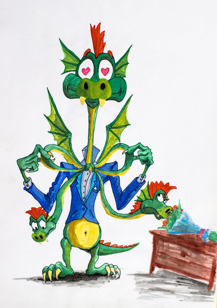 蛇哥林奇去约会了。龙用弓把两个头系在一起。水彩颜料。图片下载