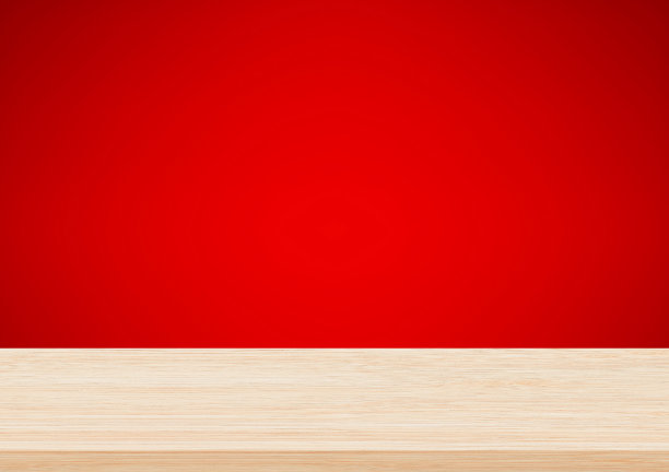 红色背景上的空白木质桌面，产品展示模板图片下载