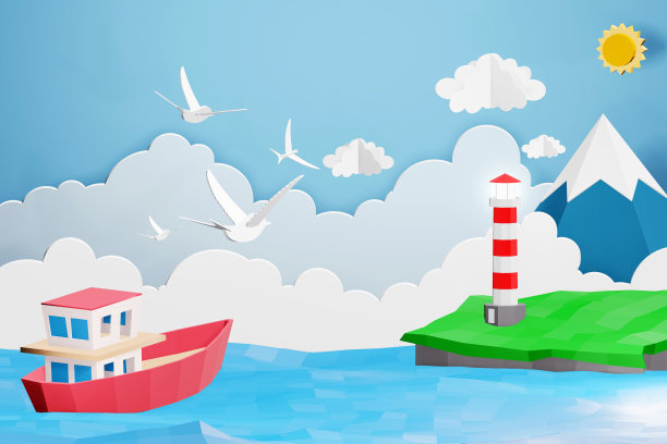 灯塔与船的纸艺术风格是在阳光下航行在海上，折纸和旅行的概念，容易使用打印自己的标志，图像和文本，任何你想要的，3D渲染设计。“灯塔与船”的纸画风格在现代艺术中扬帆起航图片下载