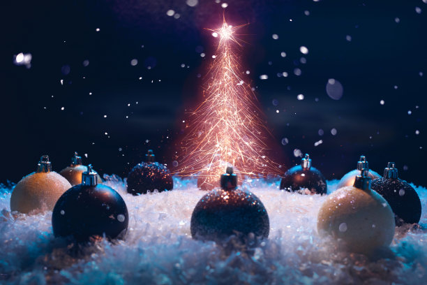 圣诞树在夜晚的雪地里闪闪发光图片下载