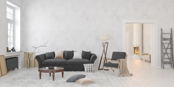 经典的斯堪的纳维亚白色室内壁炉，沙发，桌子，躺椅，落地灯。3D渲染插图模拟宽图片。图片下载