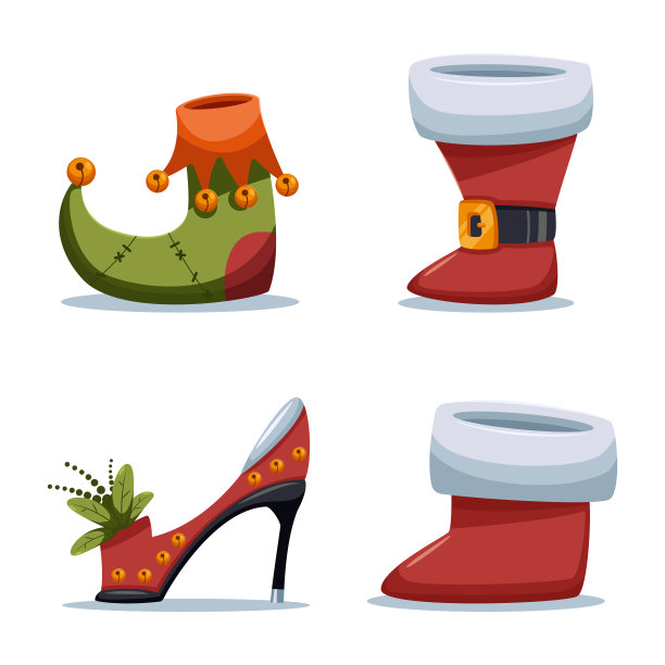 圣诞鞋，圣诞老人和小精灵。矢量卡通设置孤立的白色背景。图片下载