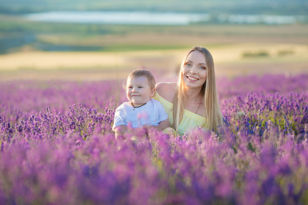 薰衣草背景下的可爱儿子和快乐的妈妈。美丽的女人和男孩在草地上。薰衣草景观，女士和孩子享受香气和生动的颜色。家庭照片在多彩的薰衣草的观点。图片下载
