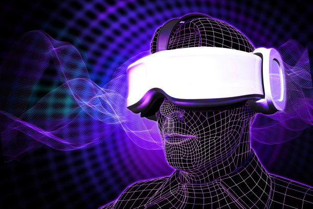 三维渲染，线框仿真人佩戴虚拟现实头戴式数字网格背景空间的未来概念图片下载