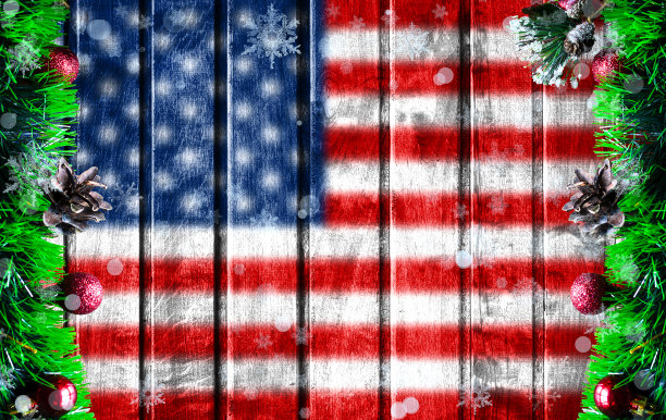 木制的圣诞节背景与模糊的美国国旗。照片中有一个地方可以放你的文字图片下载