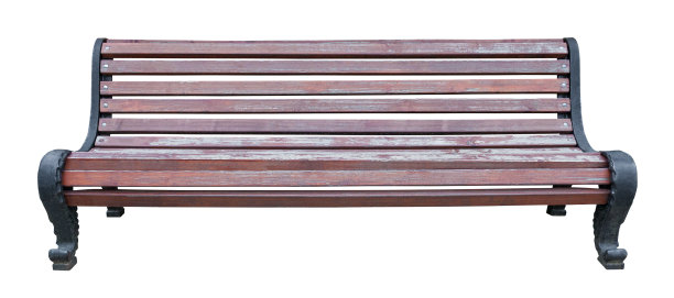 破旧的棕色木凳，黑色金属弯曲的腿和靠背，孤立在白色的背景上图片下载