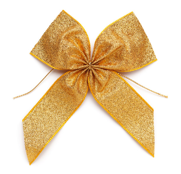 漂亮的蝴蝶结由闪亮的黄金织物制成。孤立在白色背景上。图片下载
