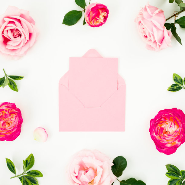 花的组成粉红色玫瑰和粉红色信封在白色的背景。平躺，俯视图。春天的时代背景图片下载