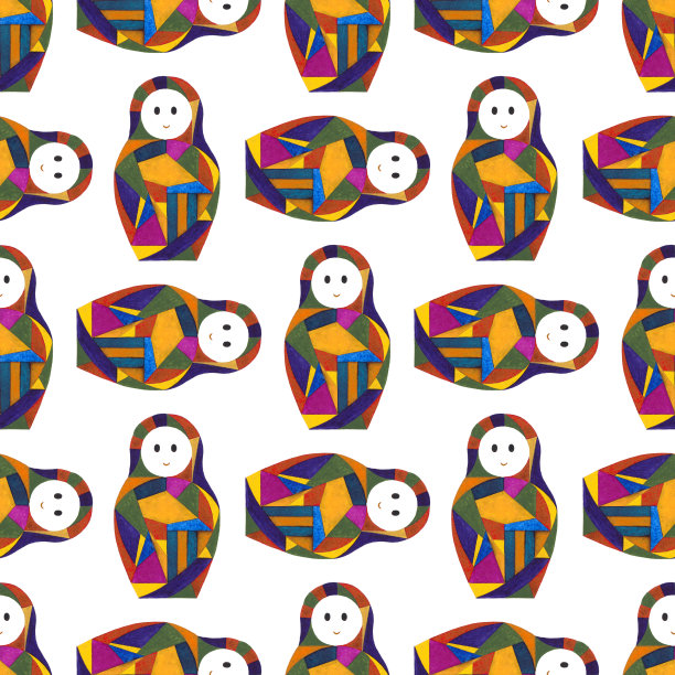 水彩抽象女孩无缝图案。套娃人物纹理表面设计，纺织品，包装纸，墙纸，手机壳印刷，织物。俄罗斯套娃手绘背景。图片下载