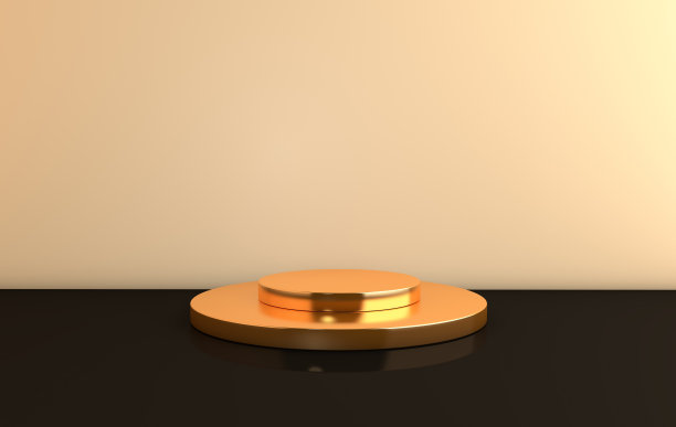 3D渲染背景，房间有几何形状的金色圆柱形讲台，光滑的金属平台用于产品展示。现代极简设计中的抽象构图图片下载