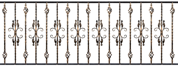 带有镀金效果的锻造扶手样品，孤立在白色背景上。楼梯或阳台的装饰扶手。设计模板图片下载