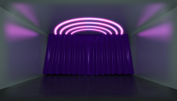 3 d渲染。霓虹灯下的几何图形，映衬着带窗帘的黑暗舞台。激光发光。图片下载