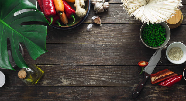 框架原料烹饪素食厨房泰国面条桌俯视图图片下载