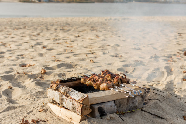 篝火上烤着美味的炸肉。图片下载